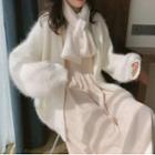 Long-sleeve V-neck Knit Midi A-line Dress / Cardigan / Set