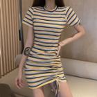 Short-sleeve Striped Drawstring Knit Dress