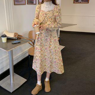 Frilled Floral Print Midi Dress Almond - One Size