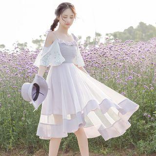 Cold Shoulder Printed Short-sleeve Asymmetric A-line Dress