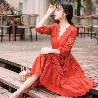 Eyelet Lace Elbow-sleeve A-line Dress