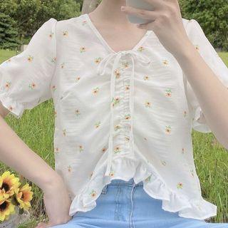 Floral V Neck Drawstring Short Sleeve Crop Top