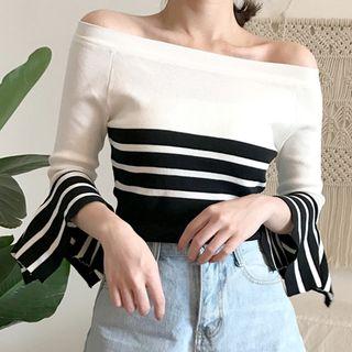 Striped Off Shoulder 3/4 Sleeve Sweater