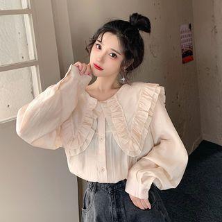 Plain Peter Pan Collar Long-sleeve Top As Shown In Image - One Size