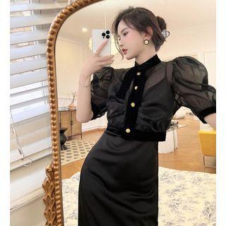 Puff-sleeve Mesh Blouse / Sleeveless Plain Midi Dress