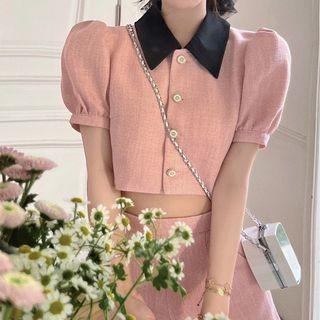 Short-sleeve Contrast Collar Cropped Blouse / Shorts