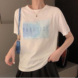 Short-sleeve Sequined Letter T-shirt White - One Size