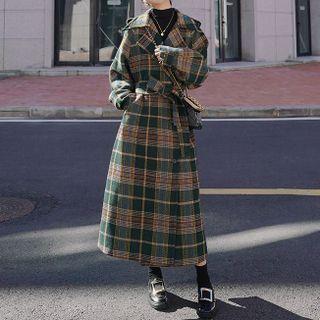 Gingham Woolen Coat With Sash
