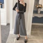 Set: Long-sleeve T-shirt + Plaid Wide Leg Jumper Pants