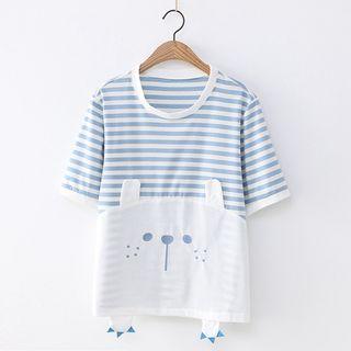 Elbow-sleeve Cartoon Bear Striped T-shirt As Shown In Figure - One Size