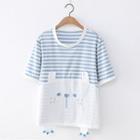 Elbow-sleeve Cartoon Bear Striped T-shirt As Shown In Figure - One Size