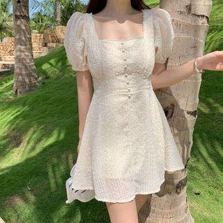 Balloon-sleeve Embroidered Chiffon Dress