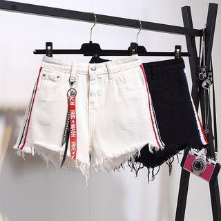 Frayed Hem Striped Trim Denim Shorts