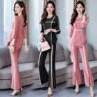 Set: Contrast Trim 3/4-sleeve Top + Boot Cut Pants
