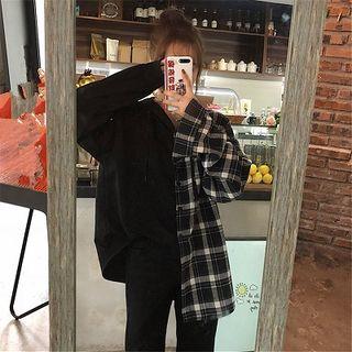 Plaid Panel Hooded Jacket As Shown In Figure - One Size