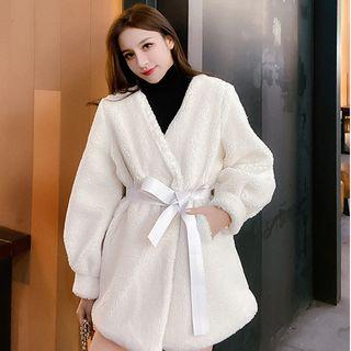 Fleece Tie-waist Loose-fit Plain Jacket
