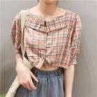 Plaid Elbow-sleeve Cropped Blouse