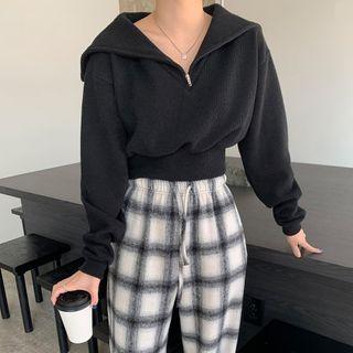 Plain Half-zip Sweatshirt / Plaid Wide-leg Pants