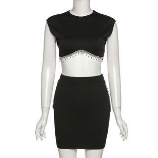 Set: Rhinestone Tank Crop Top + Mini Skirt