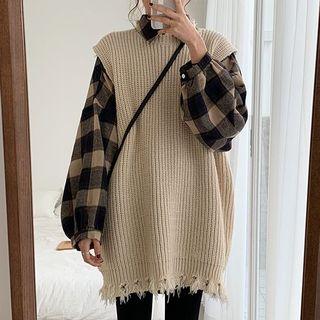 Plaid Shirt / Fray-hem Knit Vest