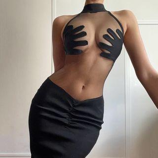 Sleeveless Mock-neck Mesh Panel See Through Mini Bodycon Dress