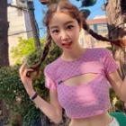 Short-sleeve Floral Print Cutout Crop T-shirt