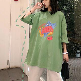 Tomato Print Elbow-sleeve T-shirt Light Green - One Size