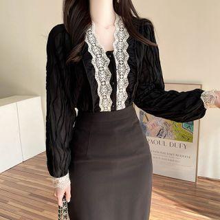Lace-trim Crinkled Blouse Black - One Size