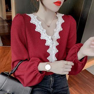 Balloon-sleeve V-neck Lace Trim Top