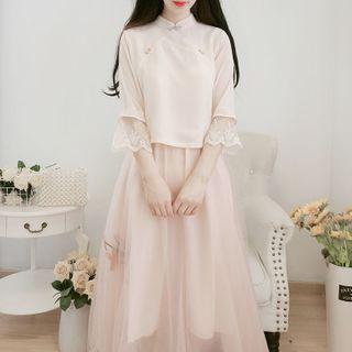 3/4-sleeve Cheongsam Top / Midi A-line Mesh Skirt / Set