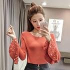 Faux Pearl Bell Sleeve Knit Top