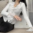 Bell Sleeve Lace-panel V-neck Cardigan