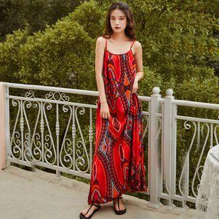 Spaghetti Strap Printed A-line Maxi Dress Multicolor - One Size