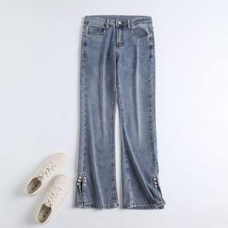 High-waist Faux Pearl Slit Boot-cut Jeans