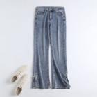 High-waist Faux Pearl Slit Boot-cut Jeans