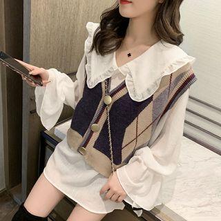 Set: Frilled Trim Blouse + Color Block Knit Vest
