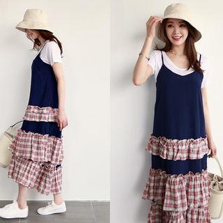 Spaghetti-strap Plaid Ruffled Long Dress
