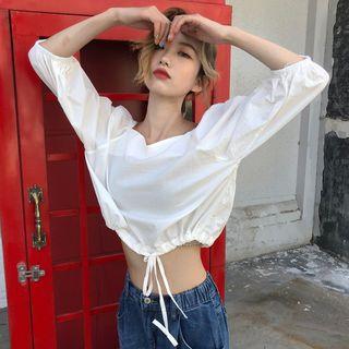 Elbow-sleeve Drawstring Hem Cropped Blouse White - One Size
