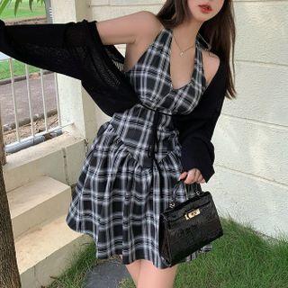 Halter Plaid Mini A-line Tank Dress / Cardigan