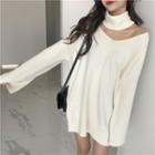 V-neck Long Sweater With Neck Warmer