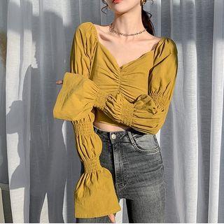 Long-sleeve Ruffled Cropped Blouse