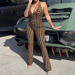 Halter Houndstooth Jumpsuit