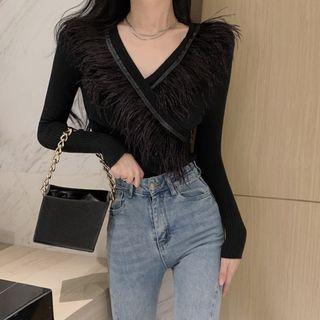 Fringed-trim Wrapped Knit Top