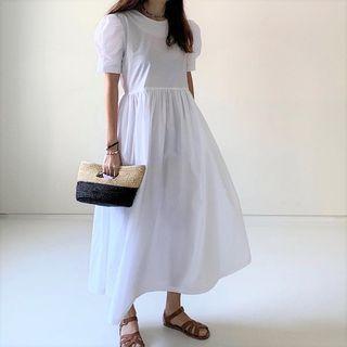 Balloon-sleeve Open Back Midi A-line Dress