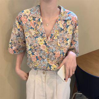 Short-sleeve Floral Blouse Yellow & Pink - One Size