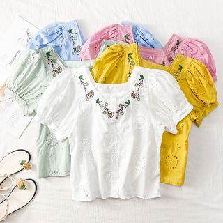 Flower-embroidered Square-neck Crop Blouse