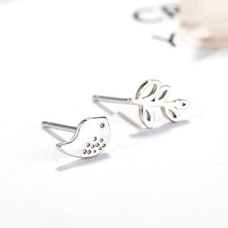 925 Sterling Silver Bird & Leaf Non-matching Earring Silver - One Size
