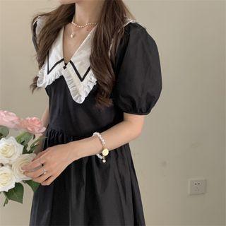 Puff-sleeve Contrast Collar Frill Trim Midi A-line Dress
