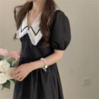 Puff-sleeve Contrast Collar Frill Trim Midi A-line Dress