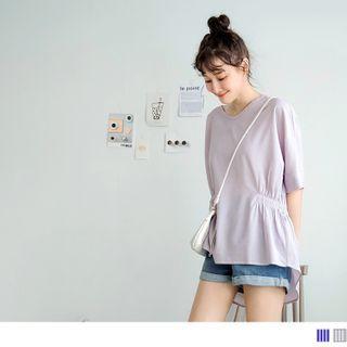 Elastic-waist Short-sleeve Pinstripe Top